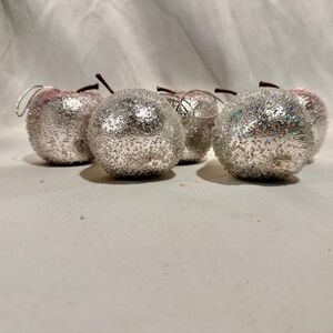 Vintage Silver Glittered Fruit Holiday Ornament Set of 5-Apples and Pears
